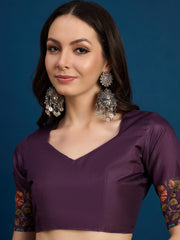 Purple Cozi Silk Blend Floral Printed Kantha Work Saree