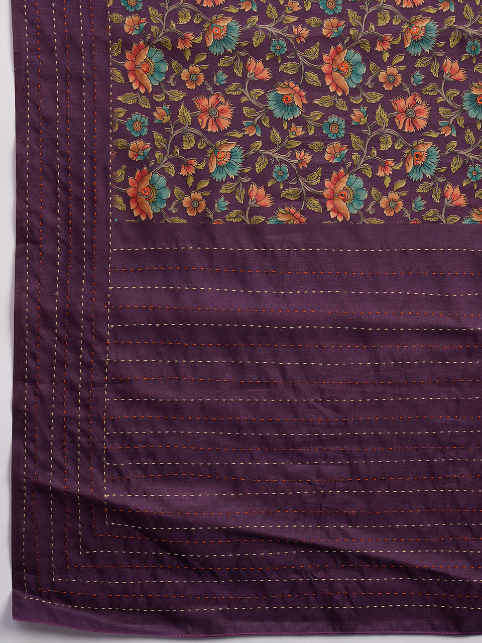 Purple Cozi Silk Blend Floral Printed Kantha Work Saree