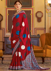 Women's Crepe Red Printed Designer Saree With Blouse Piece